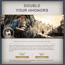 The image is an advertisement for a rewards program, likely from a hotel chain. The top of the image has the text "DOUBLE YOUR HHONORS" in large, bold letters. Below this, there is a photograph of a couple sitting and smiling, with a cityscape in the background. The bottom part of the image contains text explaining the promotion, which offers double points or double miles on the next getaway. There are also two buttons labeled "DOUBLE YOUR POINTS" and "DOUBLE YOUR MILES" for users to choose their preferred reward. The overall design is clean and professional, aimed at encouraging customers to participate in the rewards program.