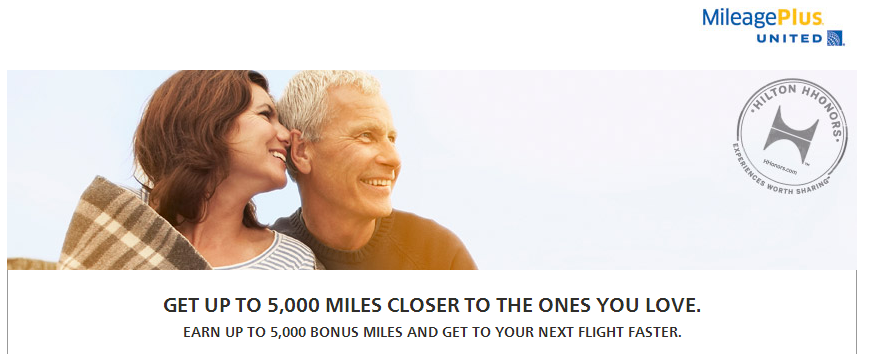 Alt text: A promotional image for United Airlines' MileagePlus program and Hilton HHonors. The image features a smiling couple wrapped in a blanket, looking off into the distance. The text below the image reads, "GET UP TO 5,000 MILES CLOSER TO THE ONES YOU LOVE. EARN UP TO 5,000 BONUS MILES AND GET TO YOUR NEXT FLIGHT FASTER." The MileagePlus and Hilton HHonors logos are also visible.