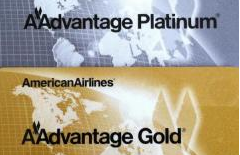 The image shows two American Airlines AAdvantage membership cards. The top card is labeled "AAdvantage Platinum" and has a silver background with a world map design. The bottom card is labeled "AAdvantage Gold" and has a gold background with a similar world map design.