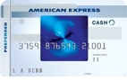 The image shows an American Express credit card. The card is labeled "PREFERRED" on the left side and "CASH" on the right side. The card number, expiration date, and cardholder's name are visible on the front. The card has a blue and white color scheme with a central design featuring a blue abstract pattern.