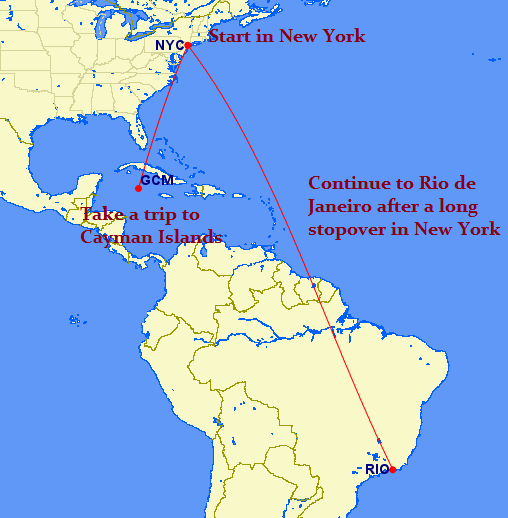 The image is a map showing a travel route. The journey starts in New York (NYC), then goes to the Cayman Islands (GCM), and finally continues to Rio de Janeiro (RIO). The map includes labels indicating the starting point in New York, a trip to the Cayman Islands, and a continuation to Rio de Janeiro after a long stopover in New York. The routes are marked with red lines connecting the locations.