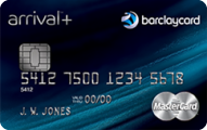 The image shows a Barclaycard Arrival Plus Mastercard credit card. The card has a dark blue background with a chip on the left side. The card number, expiration date, and cardholder's name (J.W. Jones) are printed in silver. The Mastercard logo is on the bottom right corner, and the Barclaycard logo is on the top right corner.