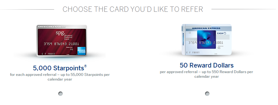 The image shows a comparison between two American Express credit cards for referral rewards. On the left, there is a red "SPG Preferred Guest" card offering "5,000 Starpoints for each approved referral – up to 55,000 Starpoints per calendar year." On the right, there is a blue "Cash" card offering "50 Reward Dollars per approved referral – up to 550 Reward Dollars per calendar year." The text above the cards reads, "CHOOSE THE CARD YOU'D LIKE TO REFER."