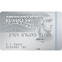 The image shows an American Express Business credit card. The card features the American Express logo at the top, with the word "BUSINESS" below it. There is a large image of a centurion on the right side of the card. The card number, "3759 876543 21001," is displayed in the middle. Below the card number, the name "C F FROST" and the company name "REXPORT INC" are printed. The card also has a "Member Since" date of "95" and a small "AMEX" logo at the bottom.