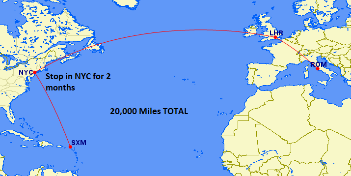 20,000 miles total: From Caribbean in Spring and to Europe in Summer