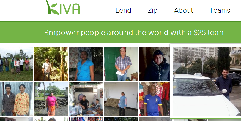 Alt text: A screenshot of the Kiva website, featuring a banner with the Kiva logo and navigation links for "Lend," "Zip," "About," and "Teams." Below the banner, there is a green section with the text "Empower people around the world with a $25 loan." The main content area displays a collage of photos of various individuals from different parts of the world.