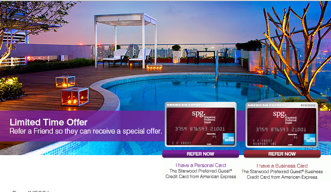 The image shows a luxurious rooftop pool area with lounge chairs, a canopy bed, and decorative lanterns. The pool is surrounded by a wooden deck, and there are plants and trees adding to the ambiance. The sky is clear, suggesting it is either early morning or late evening. In the foreground, there is a promotional banner for a limited-time offer from American Express, encouraging users to refer a friend to receive a special offer. The banner features two credit cards: the Starwood Preferred Guest® Credit Card and the Starwood Preferred Guest® Business Credit Card. There are two buttons below the cards labeled "REFER NOW," one for personal cards and one for business cards.