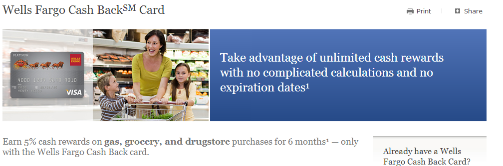 Alt text: "Advertisement for the Wells Fargo Cash Back Card. The image shows a woman and two children shopping in a grocery store. A Wells Fargo credit card is displayed on the left. The text on the right reads, 'Take advantage of unlimited cash rewards with no complicated calculations and no expiration dates.' Below, additional text states, 'Earn 5% cash rewards on gas, grocery, and drugstore purchases for 6 months¹ — only with the Wells Fargo Cash Back card.' A small box on the right asks, 'Already have a Wells Fargo Cash Back Card?'"