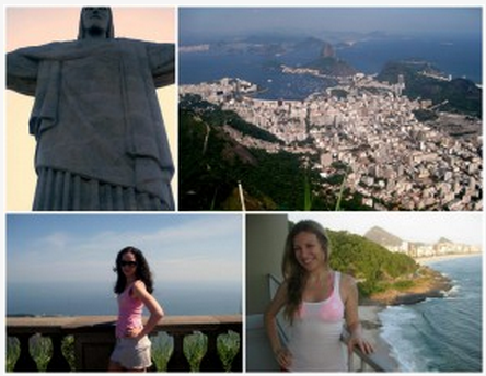 The image is a collage of four photos. The top left photo shows a close-up of the Christ the Redeemer statue in Rio de Janeiro, Brazil. The top right photo is an aerial view of Rio de Janeiro, featuring the city's landscape and coastline. The bottom left photo shows a woman in sunglasses and a pink tank top posing with a scenic view of the ocean in the background. The bottom right photo features another woman in a white tank top with a pink design, standing on a balcony with a view of the coastline and city buildings in the background.