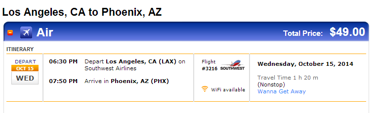 The image is a flight itinerary for a trip from Los Angeles, CA to Phoenix, AZ. The details are as follows:

- Departure: Wednesday, October 15, 2014, at 6:30 PM from Los Angeles, CA (LAX) on Southwest Airlines.
- Arrival: 7:50 PM in Phoenix, AZ (PHX).
- Flight number: 3216.
- The flight duration is 1 hour and 20 minutes, and it is a nonstop flight.
- WiFi is available on the flight.
- The total price for the flight is $49.00.
- The fare type is "Wanna Get Away."