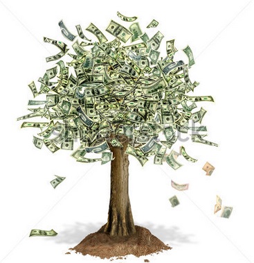 The image shows a tree with branches and leaves made entirely of U.S. dollar bills. Some of the dollar bills appear to be falling from the tree. The tree is rooted in a small patch of soil. The background is plain white.
