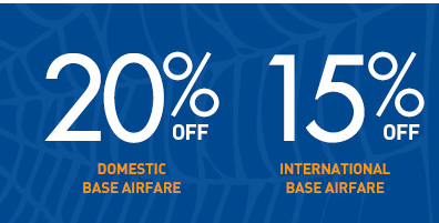 The image shows a promotional graphic with a blue background. It features two discount offers in large white text. On the left, it says "20% OFF" with "DOMESTIC BASE AIRFARE" written below in smaller orange text. On the right, it says "15% OFF" with "INTERNATIONAL BASE AIRFARE" written below in smaller orange text.